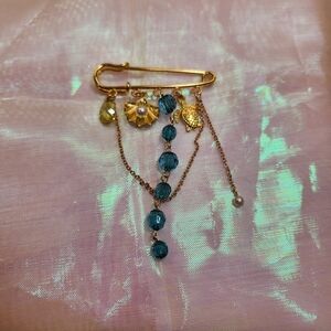 Gold Toned And Blue Beaded Ocean Brooch